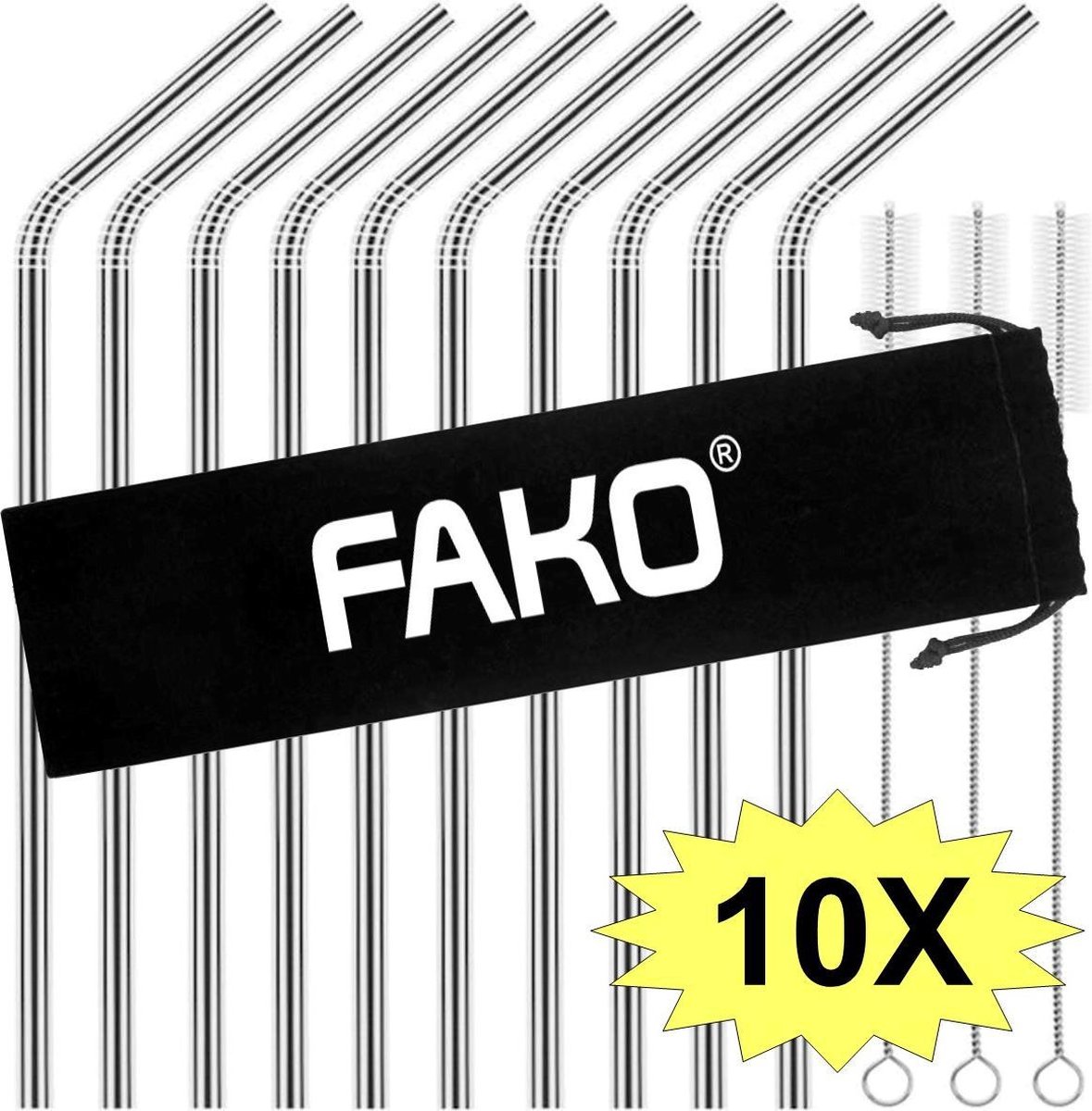 Fako Bijoux - RVS rietjes - 10 Stuks - Gebogen - Herbruikbaar - 21 cm - 3 Schoonmaakborsteltjes