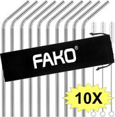 Fako Bijoux® - RVS rietjes - 10 Stuks - Gebogen - Herbruikbaar - 21 cm - 3 Schoonmaakborsteltjes