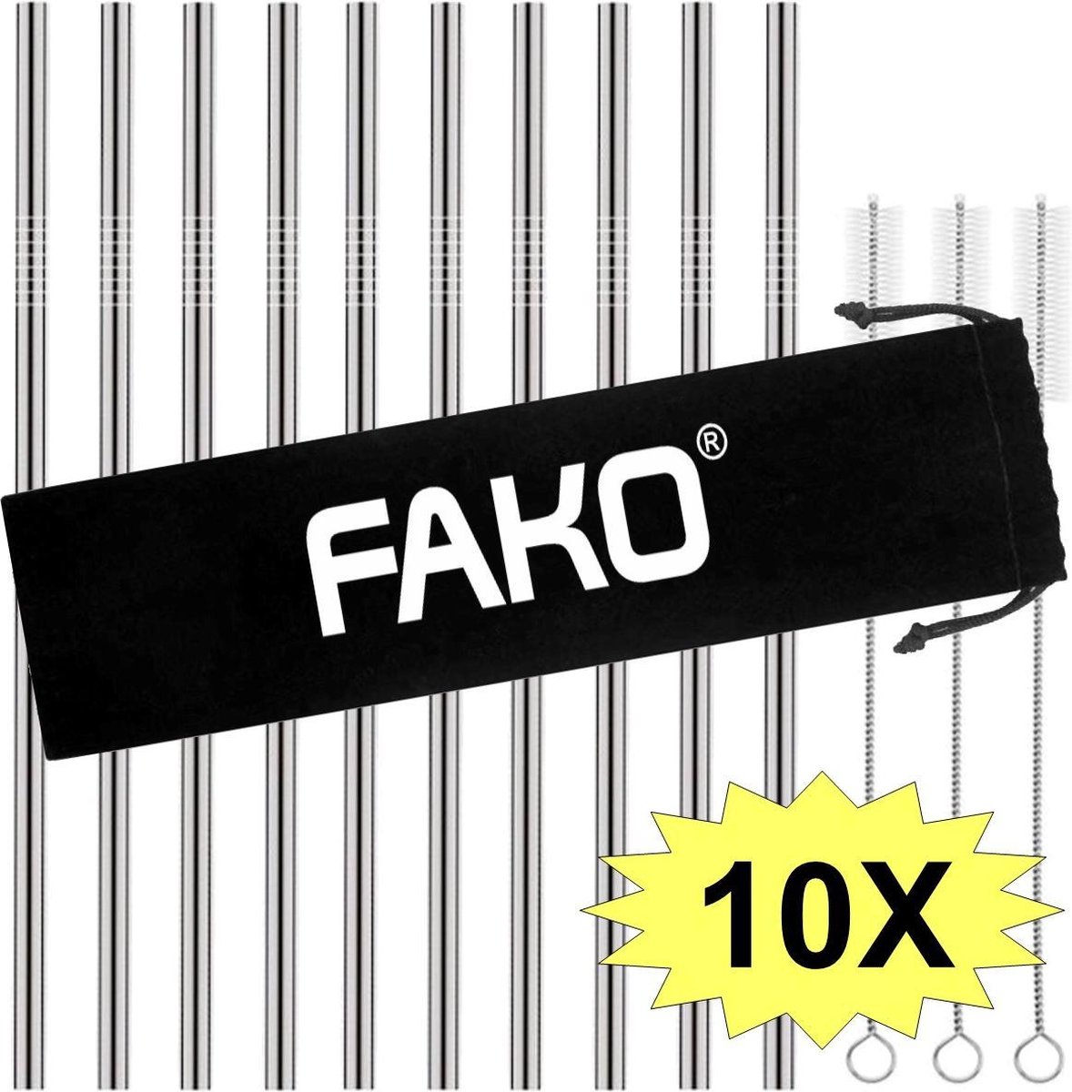 Fako Bijoux - RVS Rietjes - 10 Stuks - Recht - 21 cm - 3 Schoonmaakborsteltjes