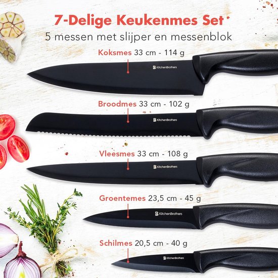KitchenBrothers Ensemble de couteaux avec bloc - 7 pièces - Couteaux de cuisine de cuisine avec couteau de chef - Avec affûteur de couteaux - Revêtement antiadhésif - Zwart