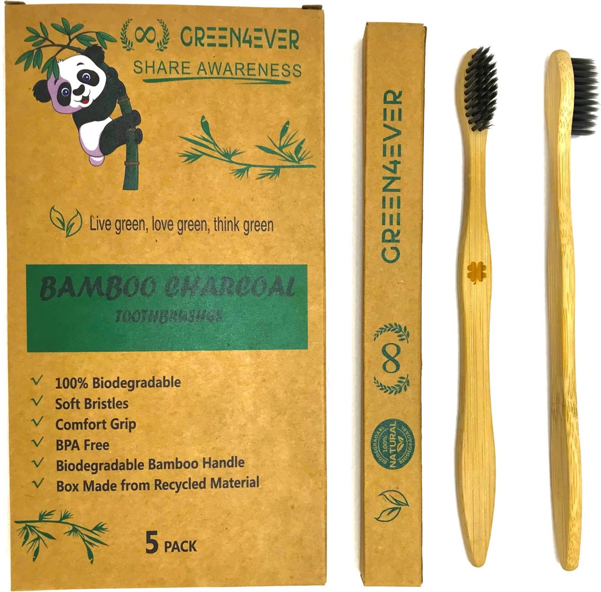 Bamboe tandenborstel met charcoal borstel by Green4Ever | 5 per doos