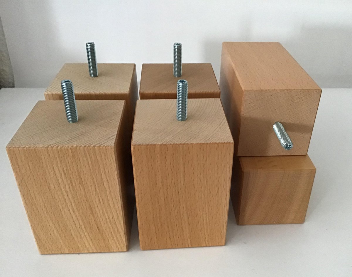 Set van 6 houten meubelpoten Natuurkleur beuken 10 cm hoogte 7x7 cm met M8 draadeinde Boxspring bedden banken