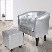 Trend24 - Chesterfield zitstoel - Met voetenbankje - Lounge stoel - Set - Kunstleer - Zilver