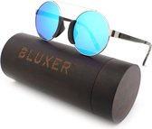 Bluxer® Zonnebril - Hippe Zonnebril Gepolariseerd - UV400 Lens - Zilverkleurig RVS Frame - Ebony Wood - Ice Blue Lens