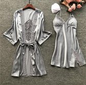MKL - Dames luxe pyjama - Set van 2 grijs - Vrouwelijke zijden pyjama's jurk kant winter, lente, zomer en herfst gewaad nachtkleding, jurk en jasje/ Kimono/ Nachtjapon/ Vest  - Bad