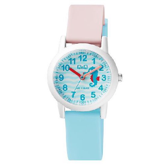 Q&Q VS49J001Y - Horloge - Analoog - Kinderen - Unisex - Plastic band - Rond - Cijfers - Kunststof - Zeepaardje -Sport - Lichtblauw - Roze - Wit - 10 ATM