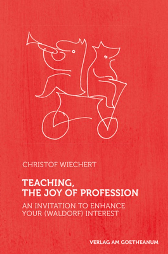 Boek met rode kaft, titel 'Teaching, The Joy Of Profession'. Witte lijntekening van twee figuren op een fiets.