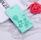 Telefoonhoesje met pasjeshouder Alcatel 1S 2020 + Mintgroen met Rozen Design - Klaphoesje - Lichtblauw - Plaats voor pasjes - Bloemen - Roos - Aqua blauw