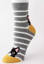 Leuke katten sokken - gestreept - grijs-mosterd - Unisex Sokken - Maat 36-41