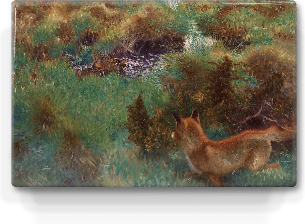 Vos besluipt eendenfamilie - Bruno Liljefors - 30 x 19,5 cm - Niet van echt te onderscheiden schilderijtje op hout - Mooier dan een print op canvas - Laqueprint.