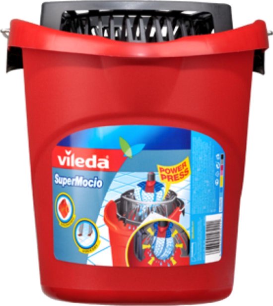 Rode Vileda SuperMocio emmer met pers, met een productsticker.