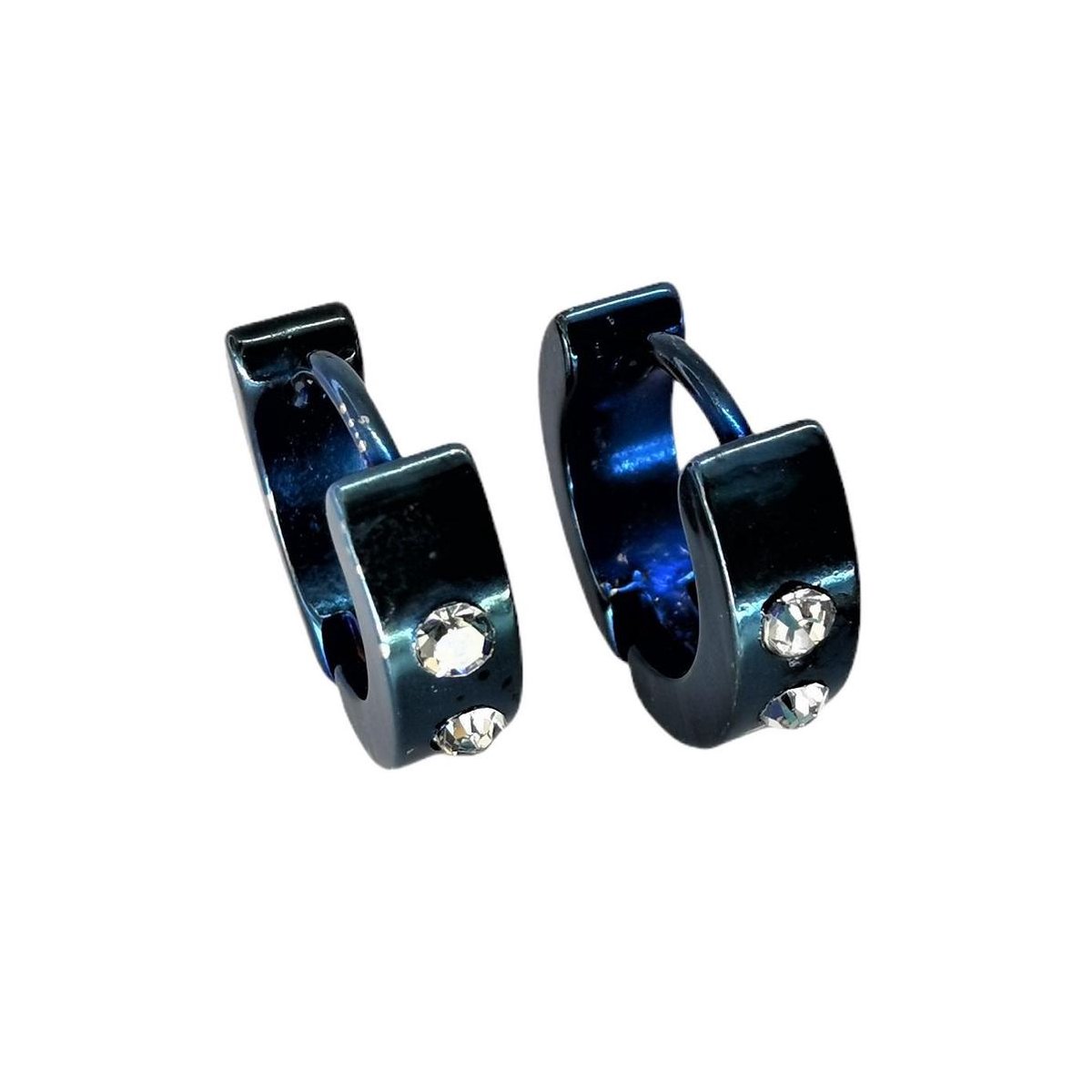 Chirurgisch staal blauw metallic kleurig oorringen met 2 witte kristalletjes.