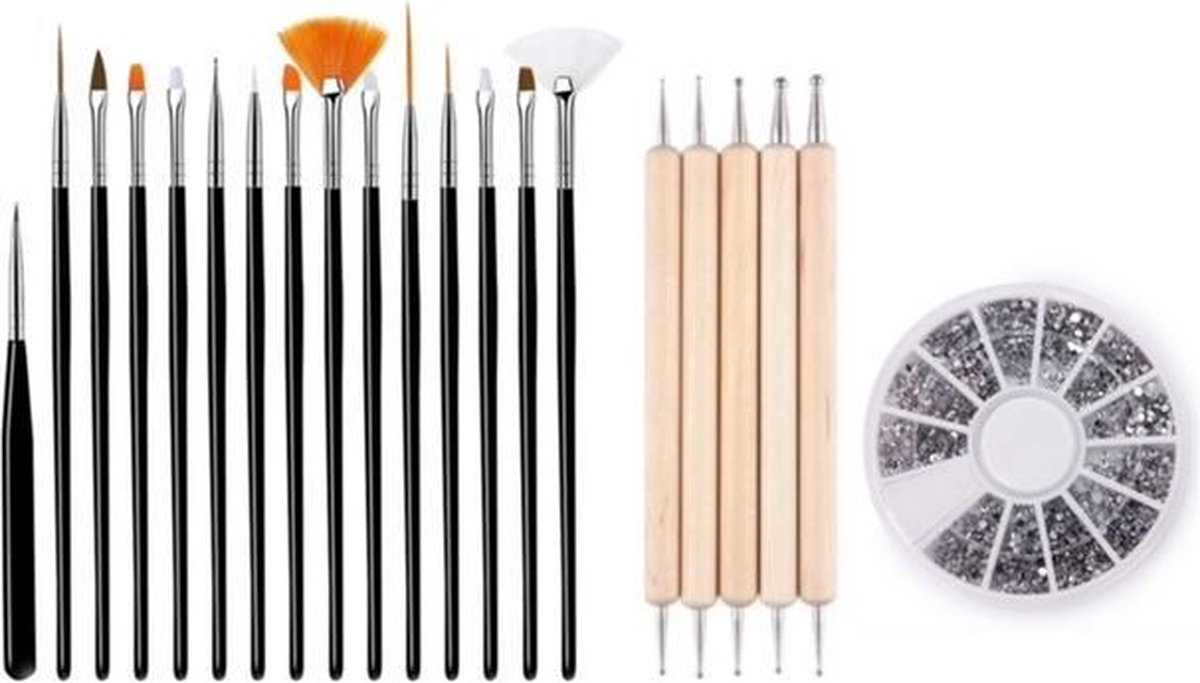 Goedkoopste GUAPÀ - Nagel Penselen Set Zwart Rhinestones Zilver Druppel & Dotting Pennen - Nail Art, Acryl & Gel Nagels - 3 Delige Set