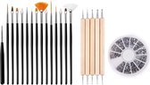 GUAPÀ - Nagel Penselen Set Zwart + Rhinestones Zilver + Druppel & Dotting Pennen - Nail Art, Acryl & Gel Nagels - 3 Delige Set
