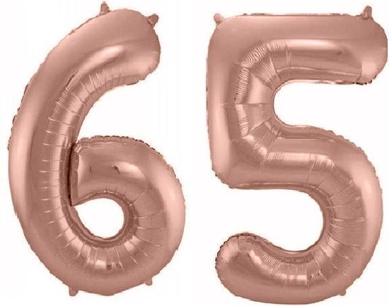 Folie ballon cijfer 65 jaar – 80 cm hoog – Rose goud - met gratis rietje – Feestversiering – Verjaardag – pensioen - Bruiloft