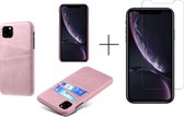 Étui à cartes pour Apple iPhone 12 | Couverture arrière en cuir PU | Cas de téléphone de Luxe | Porte-cartes | Rose clair + 1x protecteur d'écran