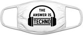 The answer is Techno mondkapje | muziek | techno | festival | dansplaat | grappig | gezichtsmasker | bescherming | bedrukt | logo | Wit mondmasker van katoen, uitwasbaar & herbruik
