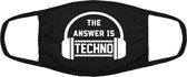 The answer is Techno mondkapje | muziek | techno | festival | dansplaat | grappig | gezichtsmasker | bescherming | bedrukt | logo | Zwart mondmasker van katoen, uitwasbaar & herbru