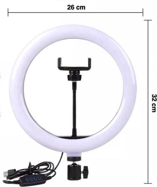 LED Ringlamp met statief, telefoonhouder  - 26 cm/10 inch ringlamp - 200cm (verstelbaar) - USB - TikTok - YouTube - Vlog - Ringlight - flitser - Ring lamp - Ringlamp telefoon - Make-up light - Studiolamp - Merkloos