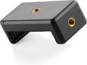Zwarte hoekadapter met schroefdraad aan de boven- en zijkant voor camera-accessoires.