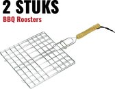 Barbecue rooster - 2 Stuks - Grillrooster 20 x 20 cm - houten handvat - vierkant grillrooster - klemrooster