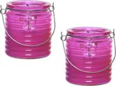 2x stuks citronella anti muggen kaarsen in kaarsenhouder roze 20 branduren - Windlichten voor binnen en buiten
