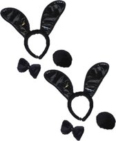 4x stuks zwart bunny verkleed setje 3-delig voor dames - konijnen oortjes/staart en strikje