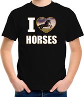 I love horses t-shirt met dieren foto van een zwart paard zwart voor kinderen - cadeau shirt paarden liefhebber M (134-140)