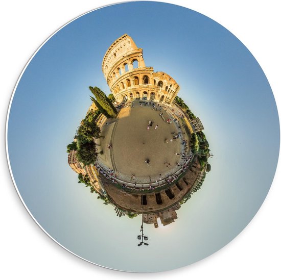 Forex Wandcirkel - Colosseum in Rome op Wereldbol - 30x30cm Foto op Wandcirkel (met ophangsysteem)
