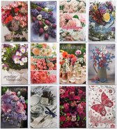 Verjaardag Wenskaarten - Bloemen - Gefeliciteerd - 12 Stuks - L-184