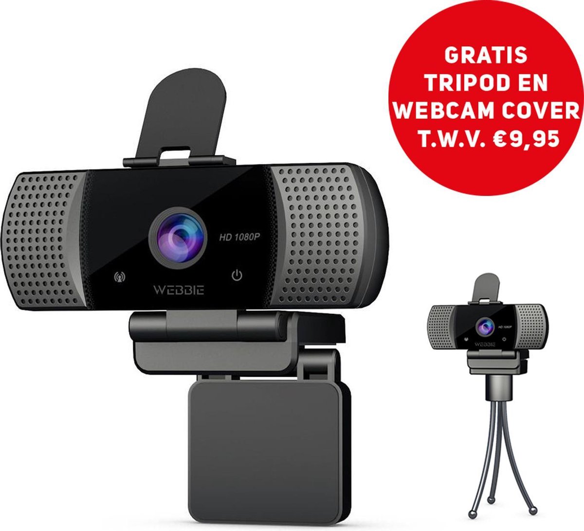 Webbie Webcam Voor PC- Webcam Met Microfoon - Webcams - Thuiswerken - Full HD 1080P Voor Helder Beeld en Geluid - Geschikt voor Windows en Mac - Inclusief Gratis Tripod en Webcam Cover