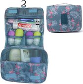 Reismonkey Ophangbare Toilettas met Haak – Blauw/Grijs met Flamingo Print – Travel Bag Organizer voor Dames/Meisje – Hangende Make-up Tas/Cosmetic Bag – Reizen - Cadeau voor Dames/