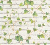 Steen tegel behang Profhome 319421-GU vliesbehang glad met bloemmotief mat groen wit 5,33 m2