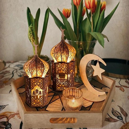FINELOOK Lumière de décoration de Ramadan en bois LED, lampe
