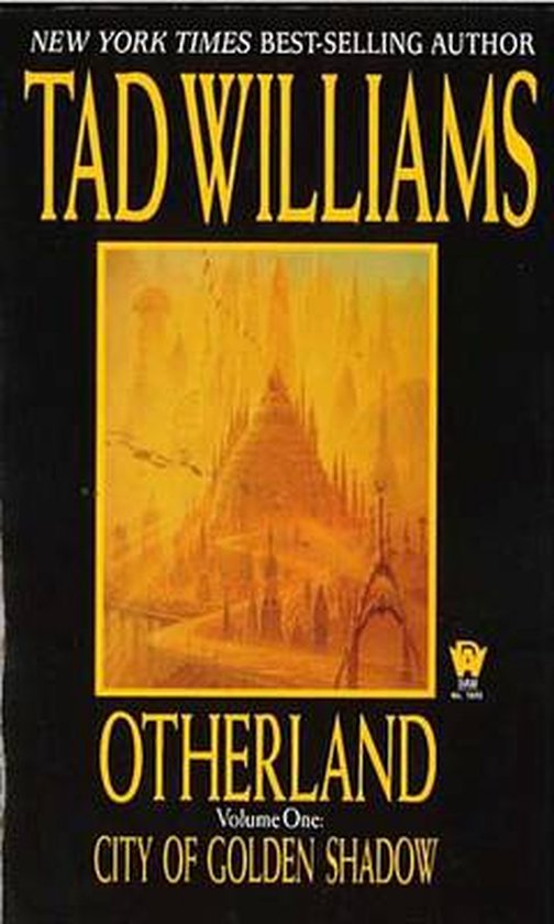 Boekcover van 'Otherland: City of Golden Shadow' door Tad Williams. Oranje-gouden stadsgezicht met piramide-achtig gebouw.