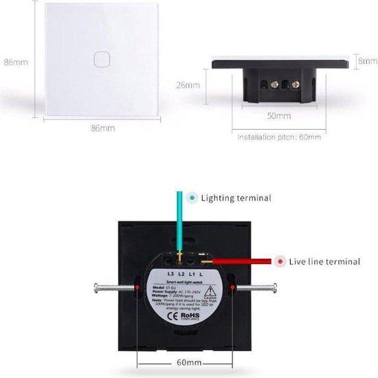 WIFI Wand schakelaar Touch 1x Grijs 86mm 1 gehard glas paneel muur Switch  lichte... | bol.com