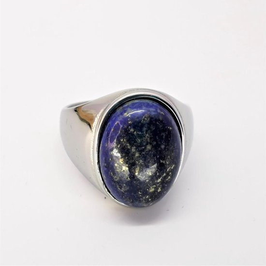 Foto: Ovale brede zegelring in edelstaal met lapis lazuli edelsteen maat 21 deze geweldige ring is mooie zelf te dragen of iemand cadeau te geven 