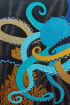 Schilderij - Octopus - kunst - acryl verf - handgeschilderd - uniek - wand decoratie - blauw - goudkleurig - 50 x 70 cm