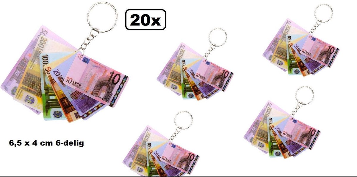 20x Sleutelhanger euro biljetten 6,5 x 4 cm 6-delig - sleutel hanger verjaardag school thema feest festival fun geld money