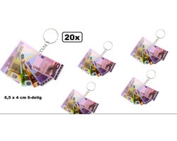 20x Sleutelhanger euro biljetten 6,5 x 4 cm 6-delig - sleutel hanger verjaardag school thema feest festival fun geld money