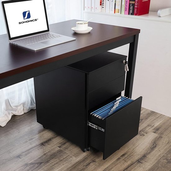 Zwart metalen ladeblok met 3 lades, onder een bureau. Een lade is open met hangmappen.