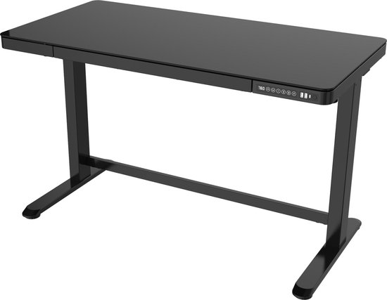 Bureau assis/debout OrangeLabel Home @ Office / 2x USB / version noire avec plateau en verre noir.