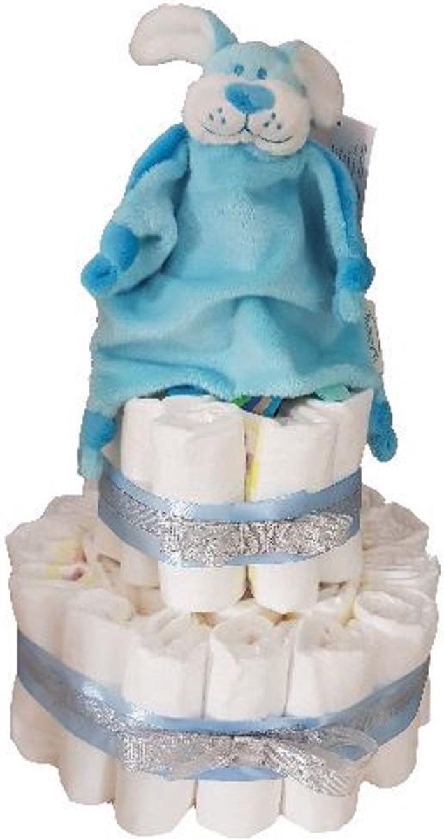 Luiertaart 2 laags - Blauw tutdoekje met naam - Gepersonaliseerd - Babyshower - kraamcadeau - Knuffel - Funnies pampers