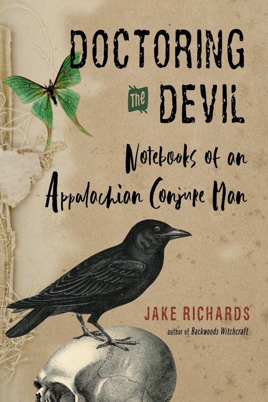 Boekomslag met de titel "DOCTORING THE DEVIL" met een groene vlinder, een kraai en een schedel.