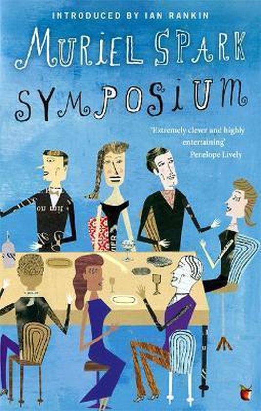 Boekomslag van Muriel Sparks 'Symposium' met een illustratie van vijf mannen en vrouwen aan een tafel, zittend en staand, in een blauwe achtergrond.
