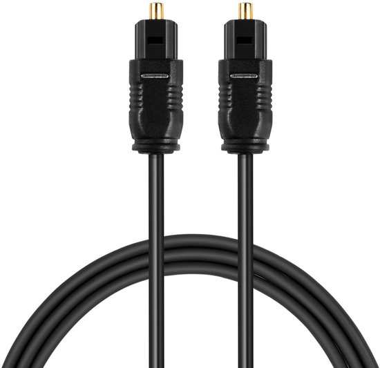 Zwarte optische kabel met twee Toslink-connectoren met gouden pinnen.