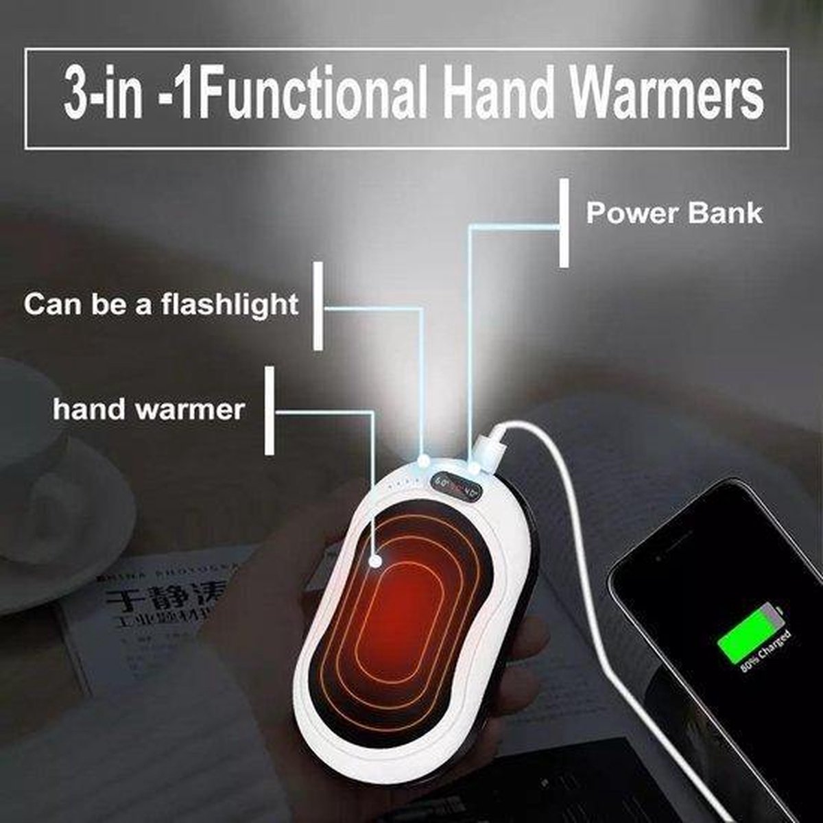Chauffe-Mains Électrique Rechargeable Magnétique 2 En 1 Avec LED - Pour Hiver, Camping - Neuf