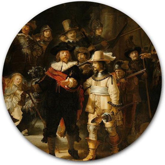 Wandcirkel De Nachtwacht op hout - WallCatcher | Meesterwerk van Rembrandt van Rijn | Multiplex 60 cm rond | Houten muurcirkel Oude Meesters kunstwerken