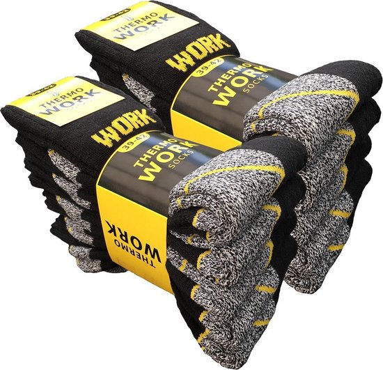Tien paar zwarte werksokken met 'WORK THERMO SOCKS' opdruk op gele band, grijze boord en gele accenten.