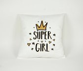 Kussen Super Girl / Hartje - Sierkussen - Decoratie - Meisjes / Kinderkamer - 45x45cm - Inclusief Vulling - PillowCity